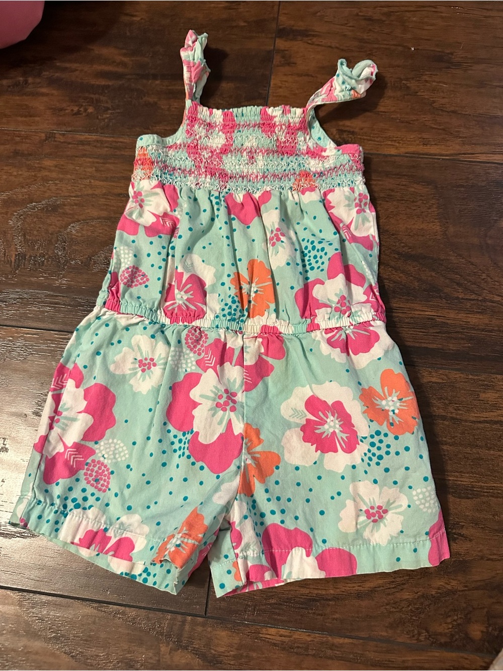 healthtex Floral Smocked Romper - Aqua, Pink & Orange